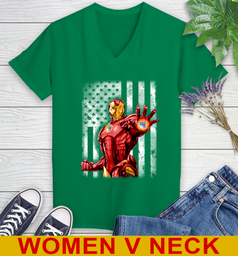 New York Rangers NHL Hockey Iron Man Avengers American Flag Shirt Women's V-Neck T-Shirt 5