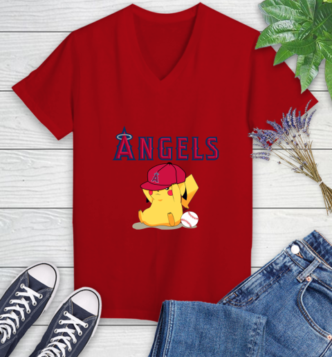 MLB Pikachu Baseball Sports Los Angeles Angels Women's V-Neck T-Shirt 12