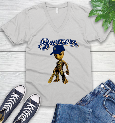 MLB Milwaukee Brewers Groot Guardians Of The Galaxy Baseball V-Neck T-Shirt