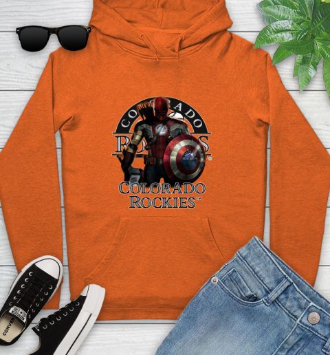 MLB Captain America Thor Spider Man Hawkeye Avengers Endgame Baseball Colorado Rockies Youth Hoodie 5