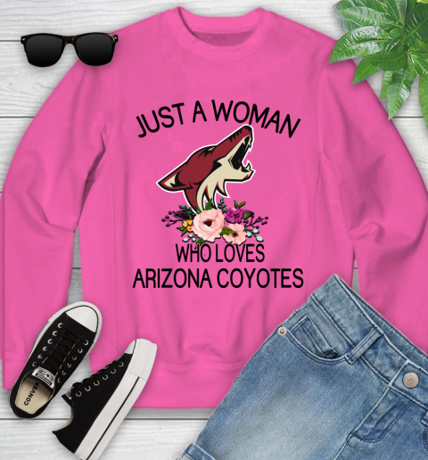 NHL Just A Woman Who Loves Arizona Coyotes Hockey Sports Youth Sweatshirt 3