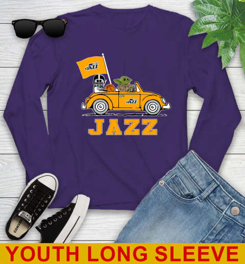 NBA Basketball Utah Jazz Darth Vader Baby Yoda Driving Star Wars Shirt Youth Long Sleeve 5