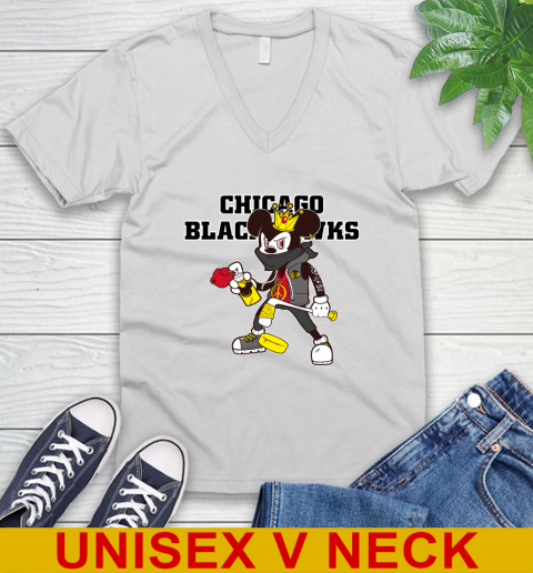 Chicago Blackhawks NHL Hockey Mickey Peace Sign Sports V-Neck T-Shirt