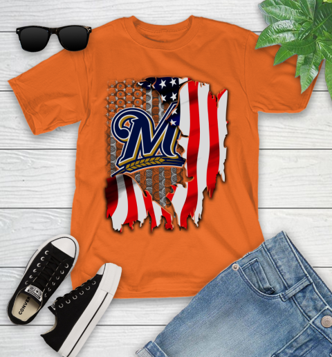 Milwaukee Brewers MLB Baseball American Flag Youth T-Shirt 9