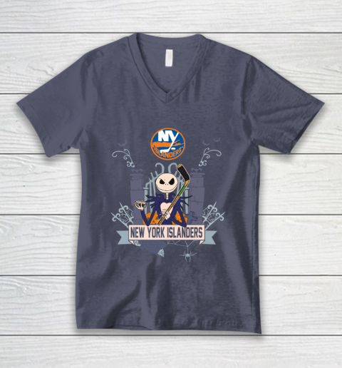 NHL New York Islanders Hockey Jack Skellington Halloween V-Neck T-Shirt 7