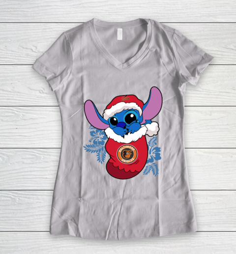Baltimore Orioles Christmas Stitch In The Sock Funny Disney MLB Women's V-Neck T-Shirt 2