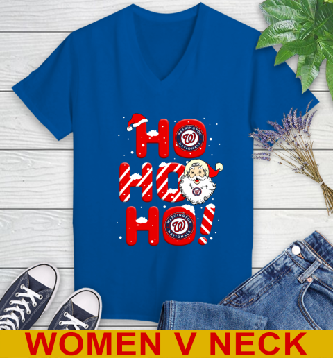 Washington Nationals MLB Baseball Ho Ho Ho Santa Claus Merry Christmas Shirt Women's V-Neck T-Shirt 9