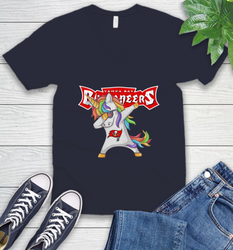 Tampa Bay Buccaneers NFL Football Funny Unicorn Dabbing Sports V-Neck T-Shirt 3