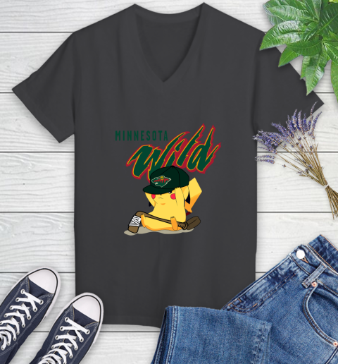 NHL Pikachu Hockey Sports Minnesota Wild Women's V-Neck T-Shirt 8