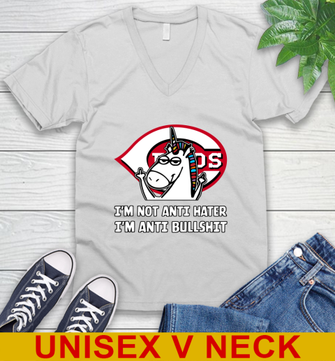 Cincinnati Reds MLB Baseball Unicorn I'm Not Anti Hater I'm Anti Bullshit V-Neck T-Shirt