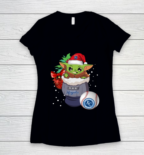 Kansas City Royals Christmas Baby Yoda Star Wars Funny Happy MLB Women's V-Neck T-Shirt