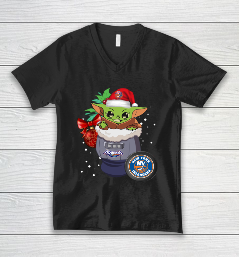 New York Islanders Christmas Baby Yoda Star Wars Funny Happy NHL V-Neck T-Shirt