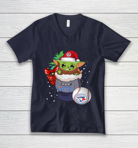Toronto Blue Jays Christmas Baby Yoda Star Wars Funny Happy MLB V-Neck T-Shirt 3