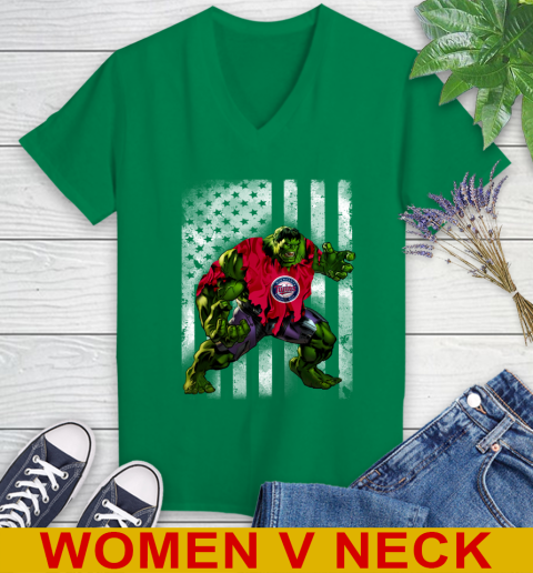 Minnesota Twins Hulk Marvel Avengers MLB Baseball American Flag Women's V-Neck T-Shirt 5
