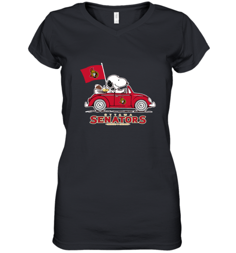 Snoopy And Woodstock Ride The Ottawa Senators Car NHL Women's V-Neck T-Shirt