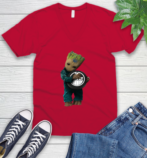 NHL Groot Guardians Of The Galaxy Hockey Sports Edmonton Oilers V-Neck T-Shirt 8