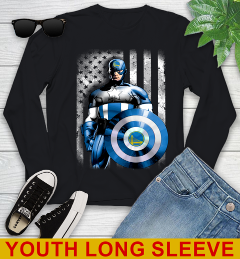 Golden State Warriors NBA Basketball Captain America Marvel Avengers American Flag Shirt Youth Long Sleeve