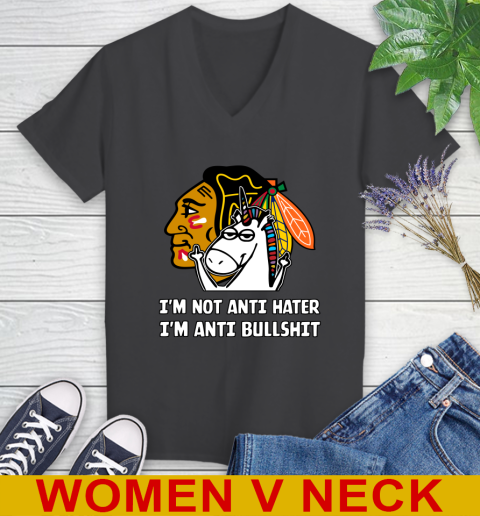 Chicago Blackhawks NHL Hockey Unicorn I'm Not Anti Hater I'm Anti Bullshit Women's V-Neck T-Shirt 9