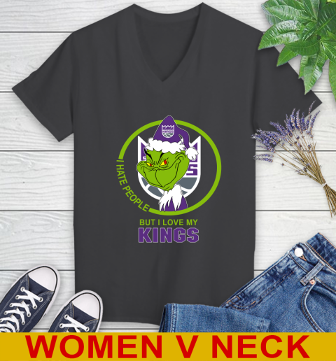 Sacramento Kings NBA Christmas Grinch I Hate People But I Love My Favorite Basketball Team Women's V-Neck T-Shirt 9