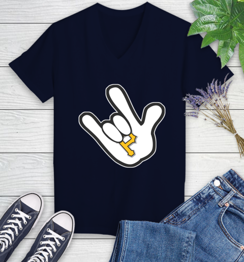Pittsburgh Pirates MLB Baseball Mickey Rock Hand Disney Women's V-Neck T-Shirt 3
