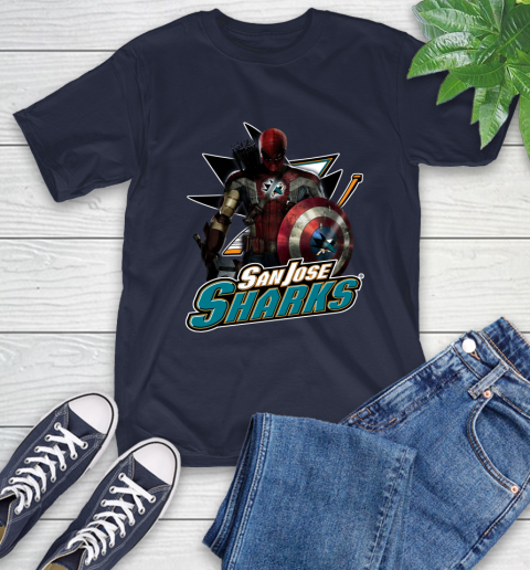 NHL Captain America Thor Spider Man Hawkeye Avengers Endgame Hockey San Jose Sharks T-Shirt 4
