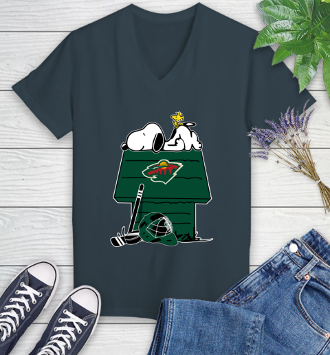 Minnesota Wild NHL Hockey Snoopy Woodstock The Peanuts Movie Women's V-Neck T-Shirt 8