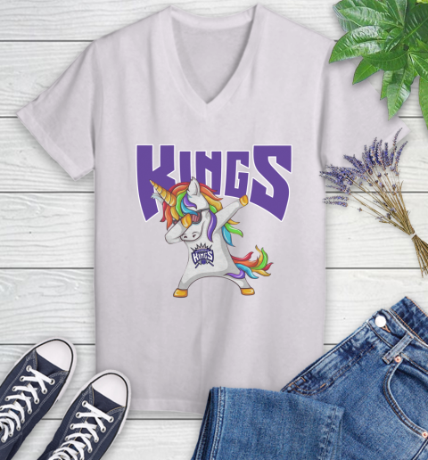Sacramento Kings NBA Basketball Funny Unicorn Dabbing Sports Women's V-Neck T-Shirt
