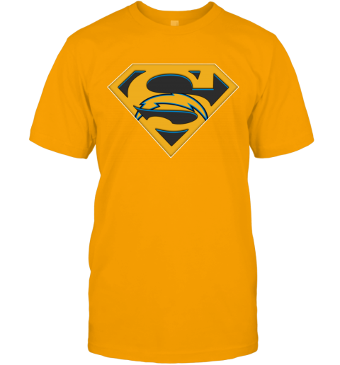 NFL Los Angeles Chargers LOGO Superman lkqm nfl los angeles chargers logo superman classic t shirt 2 front gold