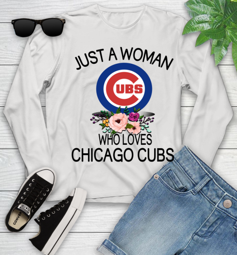 MLB Just A Woman Who Loves Chicago Cubs Baseball Sports Youth Long Sleeve