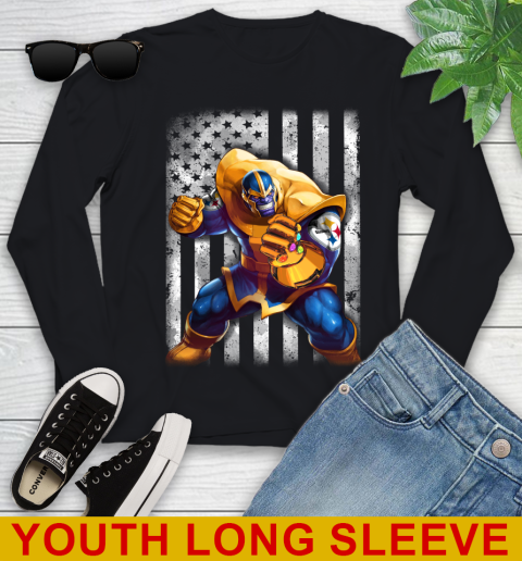 NFL Football Pittsburgh Steelers Thanos Marvel American Flag Shirt Youth Long Sleeve