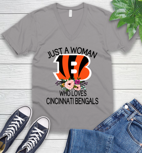 NFL Just A Woman Who Loves Cincinnati Bengals Football Sports V-Neck T-Shirt 2