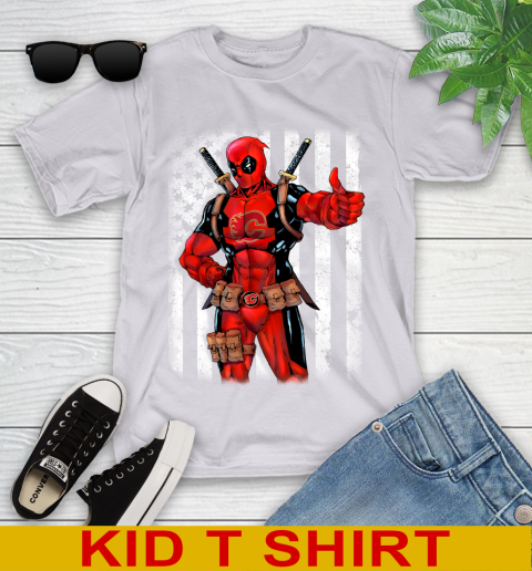 NHL Hockey Calgary Flames Deadpool American Flag Shirt Youth T-Shirt 4