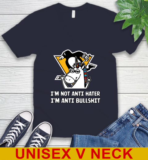 Pittsburgh Penguins NHL Hockey Unicorn I'm Not Anti Hater I'm Anti Bullshit V-Neck T-Shirt 3