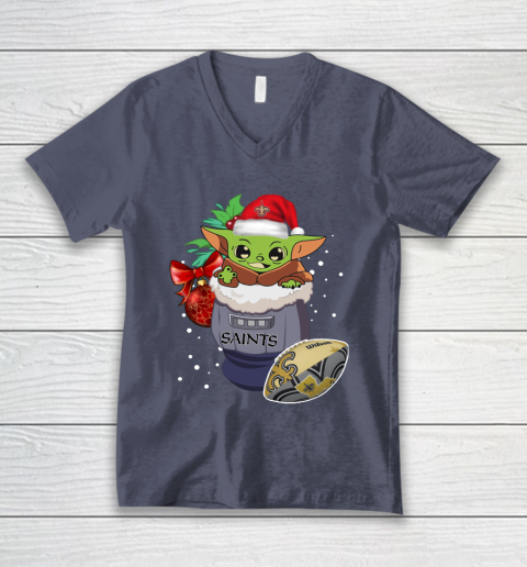 New Orleans Saints Christmas Baby Yoda Star Wars Funny Happy NFL V-Neck T-Shirt 8