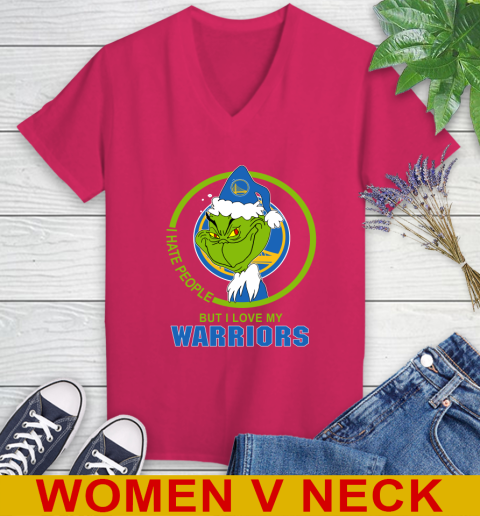 Golden State Warriors NBA Christmas Grinch I Hate People But I Love My Favorite Basketball Team Women's V-Neck T-Shirt 10