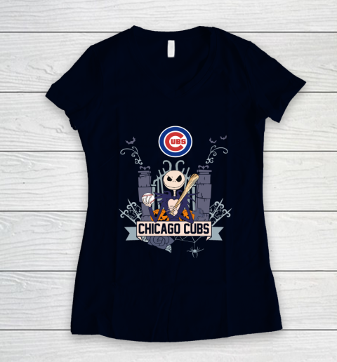 MLB Chicago Cubs Baseball Jack Skellington Halloween Women's V-Neck T-Shirt 2