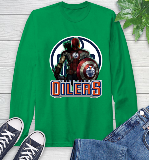 NHL Captain America Thor Spider Man Hawkeye Avengers Endgame Hockey Edmonton Oilers Long Sleeve T-Shirt 7
