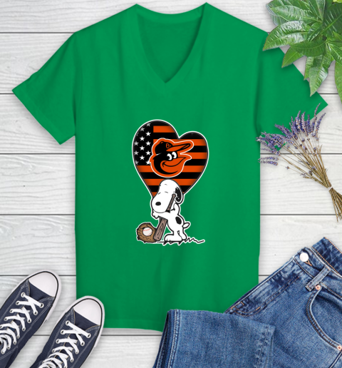 Baltimore Orioles MLB Baseball The Peanuts Movie Adorable Snoopy Women's V-Neck T-Shirt 5