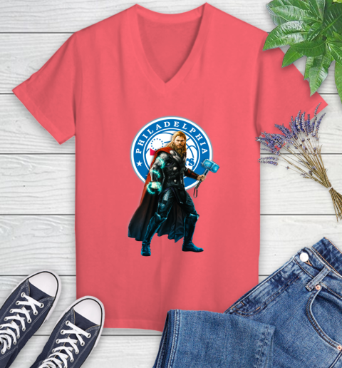 NBA Thor Avengers Endgame Basketball Philadelphia 76ers Women's V-Neck T-Shirt 6