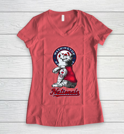 MLB Baseball My Cat Loves Washington Nationals Women's V-Neck T-Shirt 4