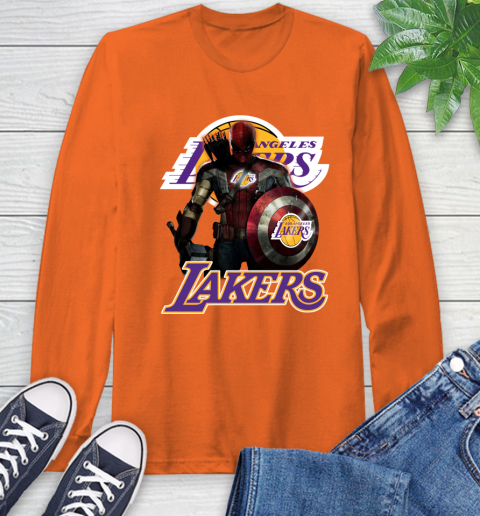 Los Angeles Lakers NBA Basketball Captain America Thor Spider Man Hawkeye Avengers Long Sleeve T-Shirt 5