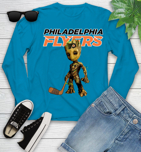 Philadelphia Flyers NHL Hockey Groot Marvel Guardians Of The Galaxy Youth Long Sleeve 7