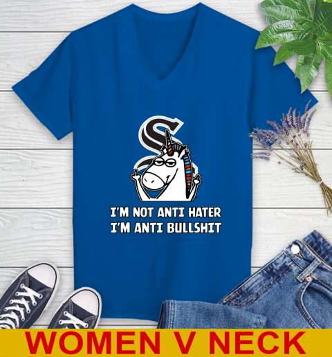 Chicago White Sox MLB Baseball Unicorn I'm Not Anti Hater I'm Anti Bullshit Women's V-Neck T-Shirt 11