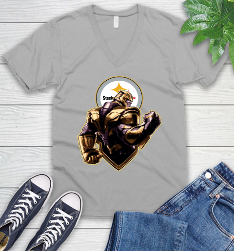 NFL Thanos Avengers Endgame Football Sports Pittsburgh Steelers V-Neck T-Shirt 4