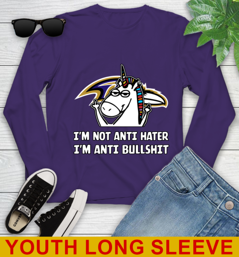 Baltimore Ravens NFL Football Unicorn I'm Not Anti Hater I'm Anti Bullshit Youth Long Sleeve 5