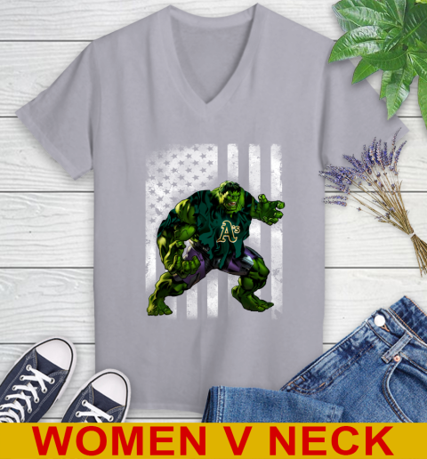Oakland Athletics Hulk Marvel Avengers MLB Baseball American Flag Women's V-Neck T-Shirt 4