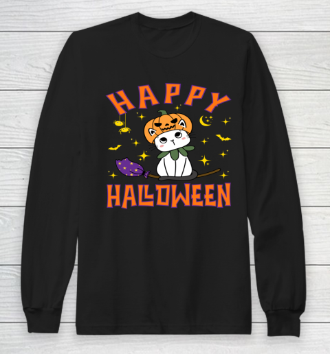Halloween Shirt For Women and Cat Happy Halloween Cat Pumpkin Cute Kitten Witch Kawaii Neko Long Sleeve T-Shirt