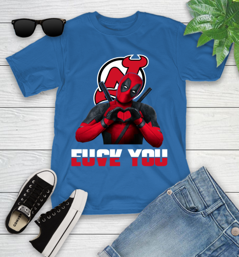 NHL New Jersey Devils Deadpool Love You Fuck You Hockey Sports Youth T-Shirt 12