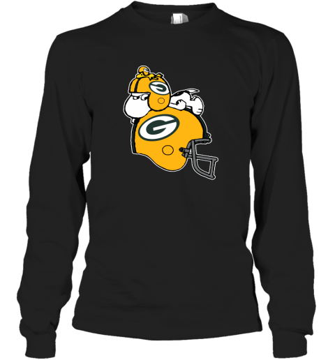 Snoopy And Woodstock Resting On Green Bay Packers Helmet Long Sleeve T-Shirt