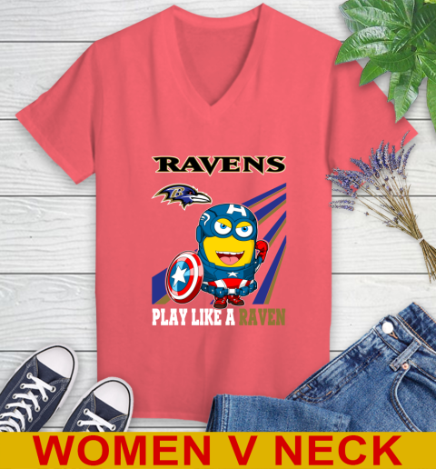 NFL Football Baltimore Ravens Captain America Marvel Avengers Minion Shirt Women's V-Neck T-Shirt 6